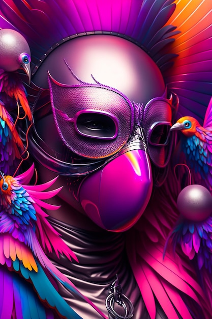 Un uccello colorato con sopra una maschera viola