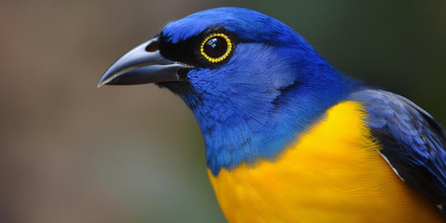 Un uccello colorato con un becco nero e occhi azzurri è seduto su un albero.