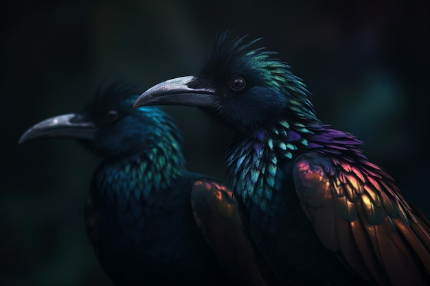 Un uccello colorato con un becco nero è seduto davanti a uno sfondo scuro.
