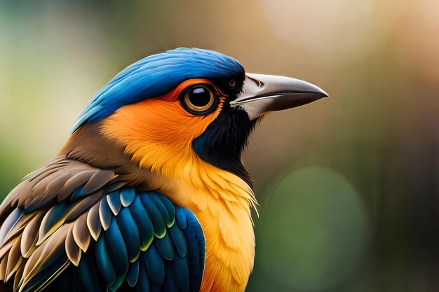 Un uccello colorato con un becco nero e una testa blu è seduto su un ramo.