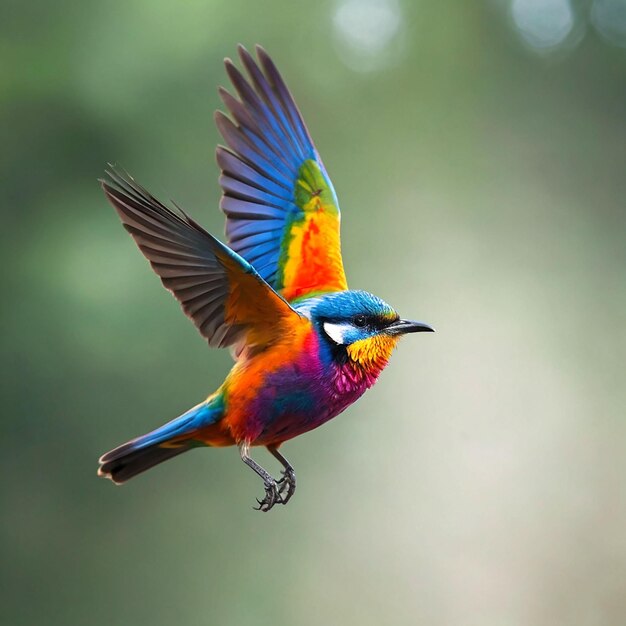 un uccello colorato con un corpo color arcobaleno sta volando nell'aria