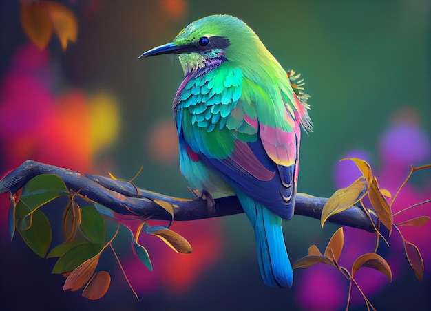 Un uccello colorato con un corpo verde e piume blu si siede su un ramo.