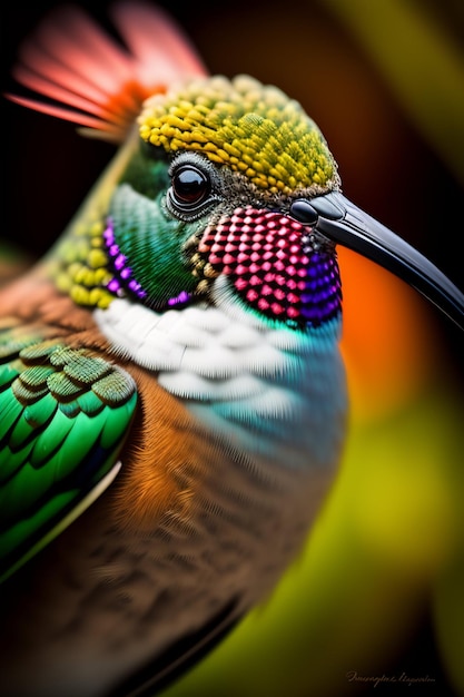 Un uccello colorato con un lungo becco è seduto davanti a uno sfondo verde.