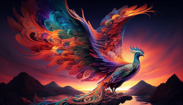 Un uccello colorato con una montagna sullo sfondo