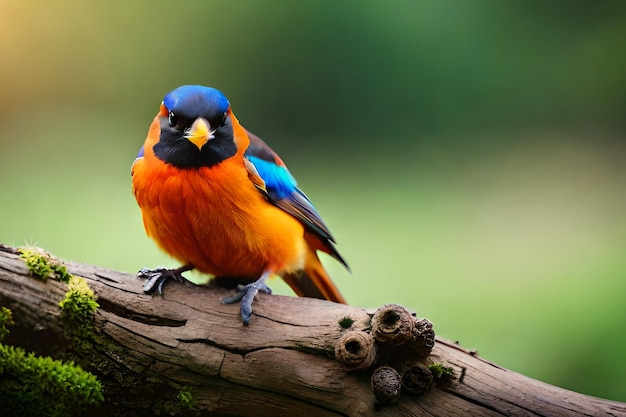 Un uccello colorato con una testa blu e ali arancioni si siede su un ramo.