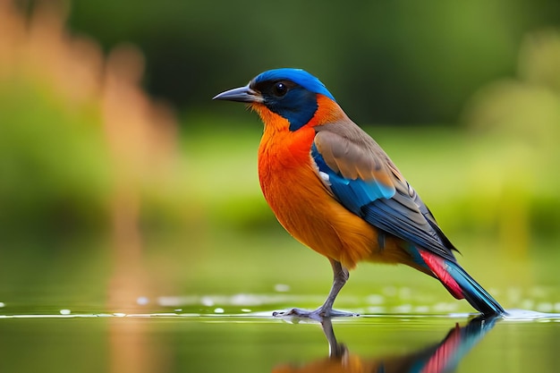 Un uccello colorato con una testa blu e ali arancioni si trova su uno stagno.