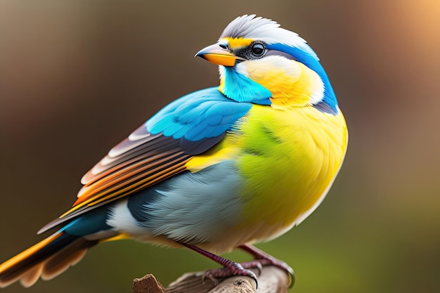 Un uccello colorato con una testa blu e ali gialle si siede su un ramo isolato