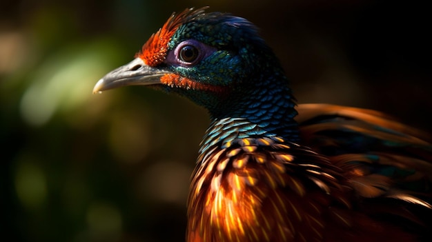 Un uccello colorato con una testa nera e piume arancioni.