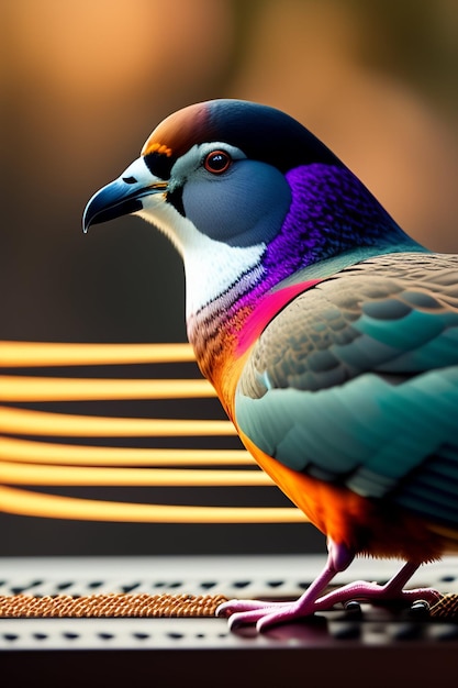 Un uccello colorato con una testa nera e viola