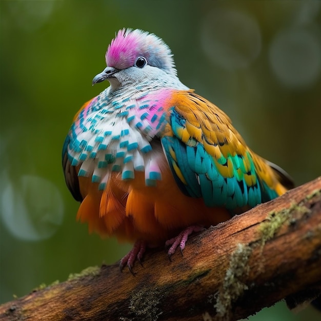 Un uccello colorato con una testa rosa si siede su un ramo.