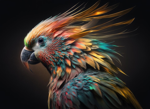 Un uccello colorato con uno sfondo nero Ai generativo