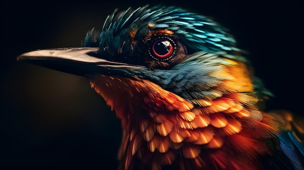 Un uccello colorato con uno sfondo nero e uno sfondo nero.