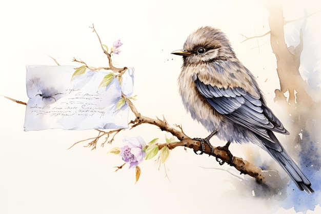 un uccello colorato disegnato a mano con una lettera si siede su un ramo con fiori e una lettera