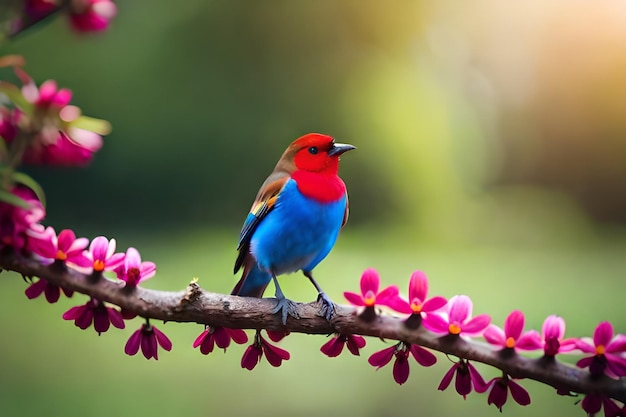 un uccello colorato è appollaiato su un ramo con fiori rosa.