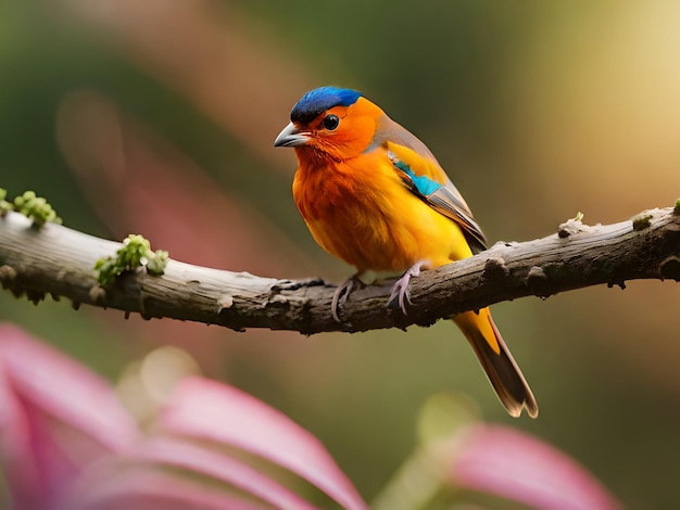 Un uccello colorato è appollaiato su un ramo con uno sfondo sfocato.