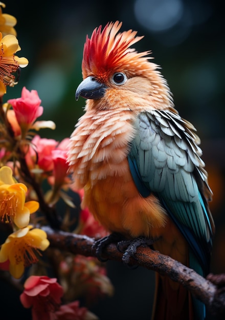un uccello colorato è seduto su un ramo con fiori
