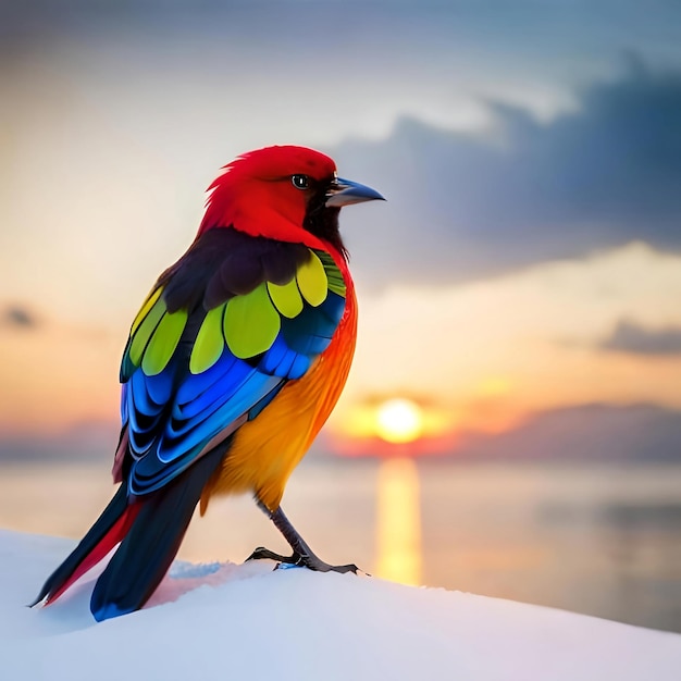 Un uccello colorato in piedi sullo sfondo del tramonto innevato