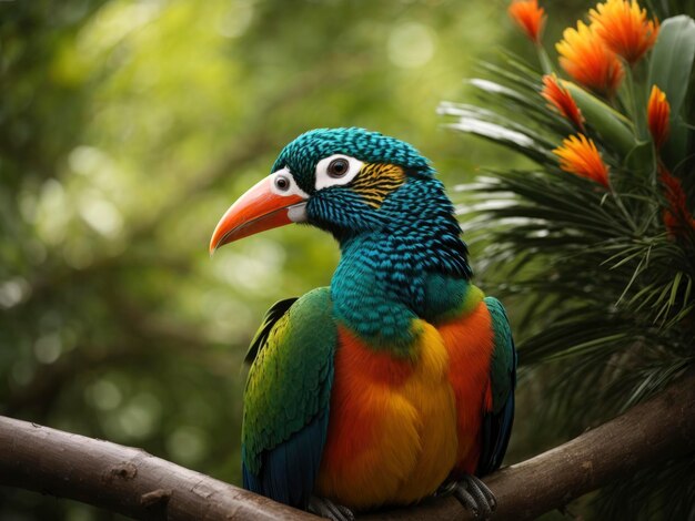 un uccello colorato seduto su un ramo in un ramo di un albero con uno sfondo verde