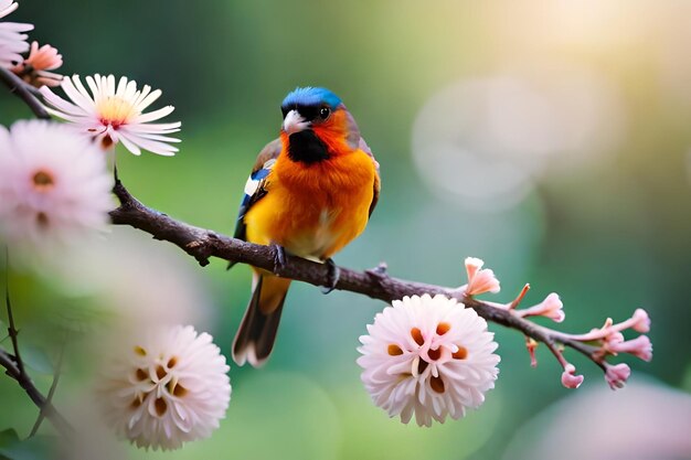 un uccello colorato si siede su un ramo con dei fiori.