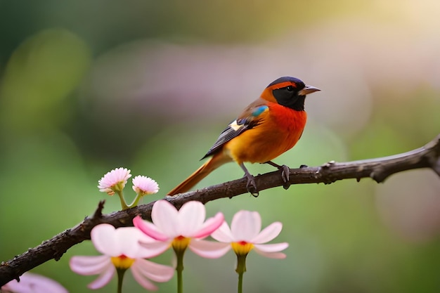 un uccello colorato si siede su un ramo con fiori sullo sfondo.