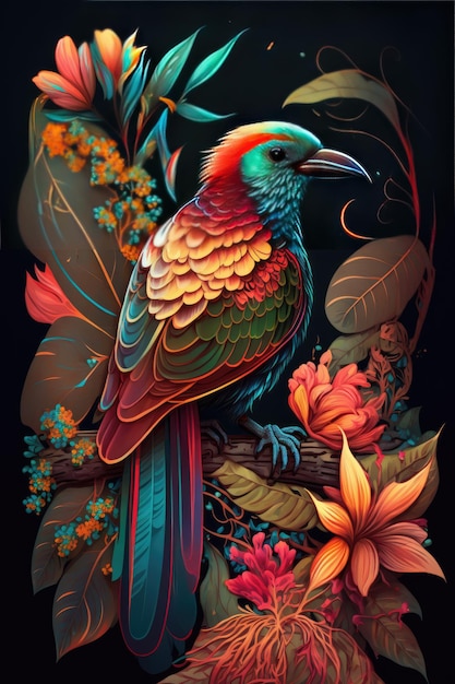 Un uccello colorato si siede su un ramo con fiori.