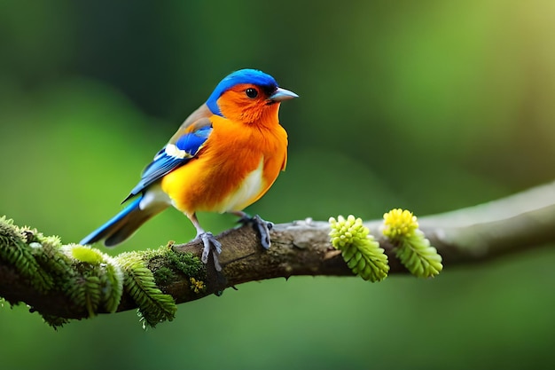 Un uccello colorato si siede su un ramo con foglie verdi sullo sfondo.