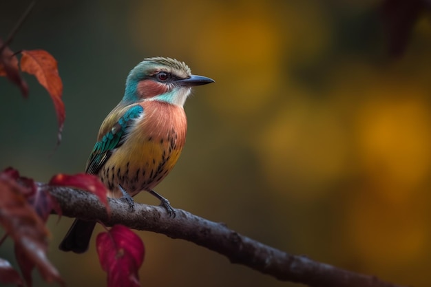 Un uccello colorato si siede su un ramo con uno sfondo sfocato.