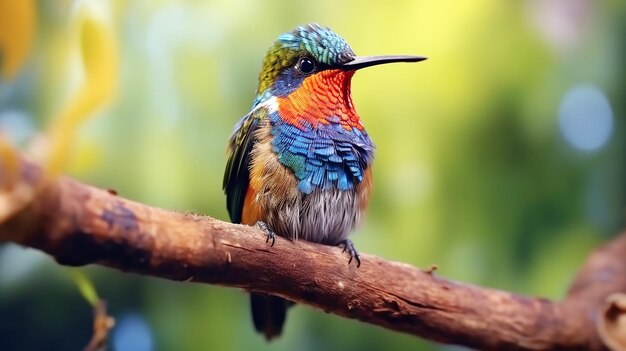 Un uccello colorato si siede su un ramo della foresta.