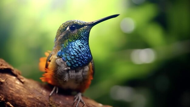 Un uccello colorato si siede su un ramo della foresta.