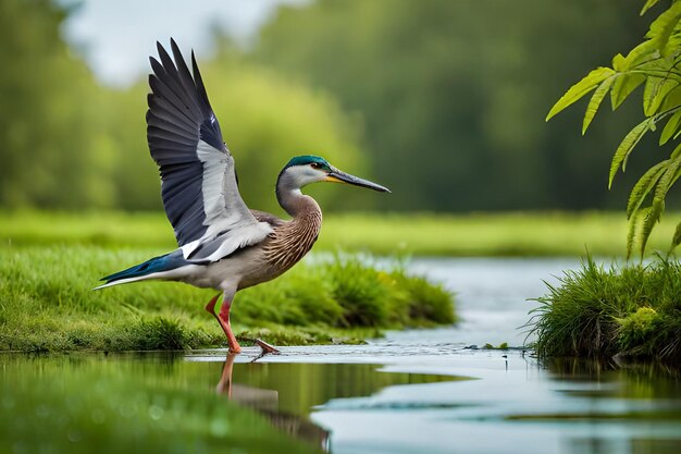 Un uccello con ali blu e ali blu si trova in un ruscello con erba verde sullo sfondo.