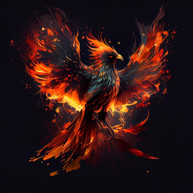 Un uccello con ali di fuoco è mostrato su uno sfondo nero.