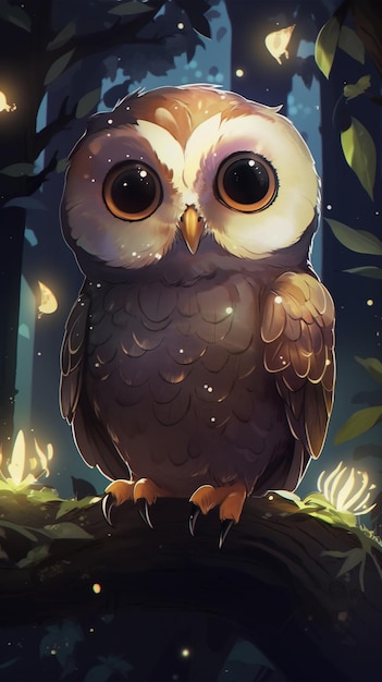 Un uccello con grandi occhi siede in una foresta.