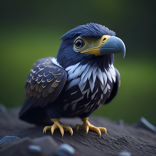 Un uccello con il becco blu e gli occhi gialli si siede su una roccia.