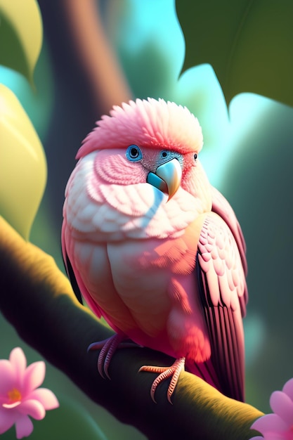 un uccello con la testa rosa e gli occhi azzurri si siede su un ramo