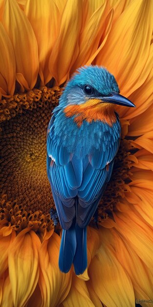 Un uccello con le ali blu è seduto su un fiore.