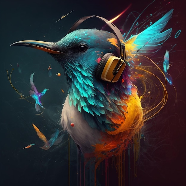 Un uccello con le cuffie su di esso e uno sfondo colorato.