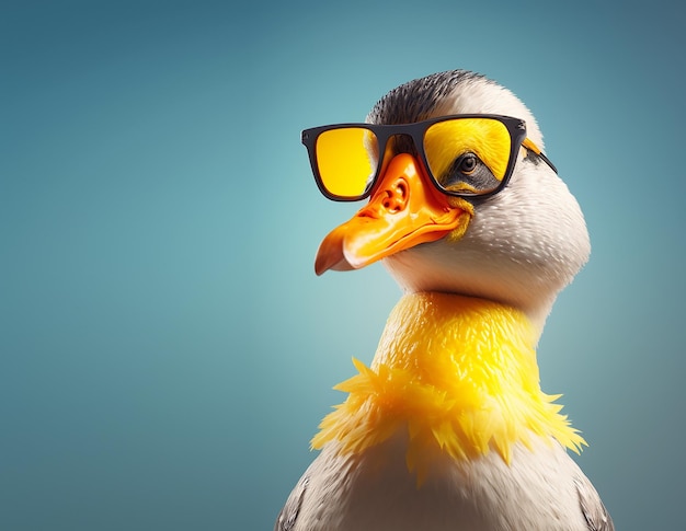Un uccello con occhiali da sole gialli e neri.