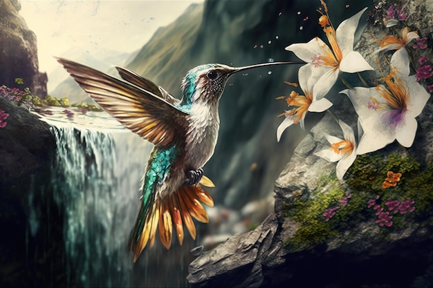 Un uccello con piume blu e oro e un fiore nella parte inferiore dell'immagine.