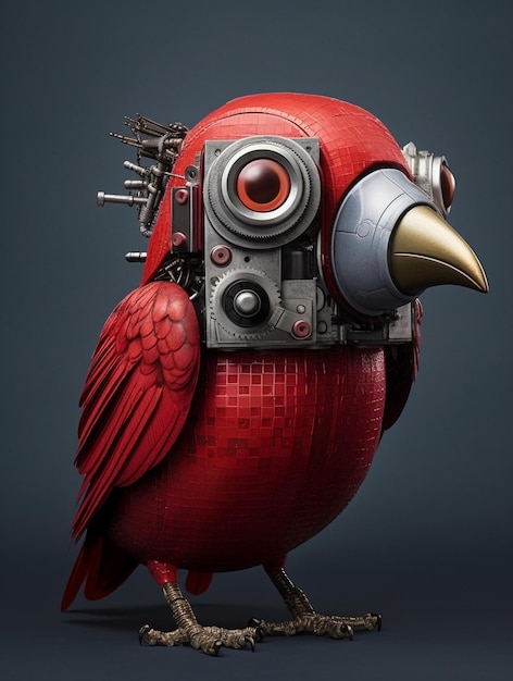 Un uccello con un altoparlante in testa è di metallo e ha il corpo rosso.