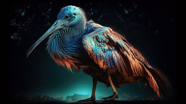 Un uccello con un becco blu è in piedi su uno sfondo scuro.
