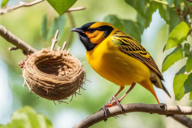 un uccello con un becco giallo è seduto su un ramo con un nido sullo sfondo