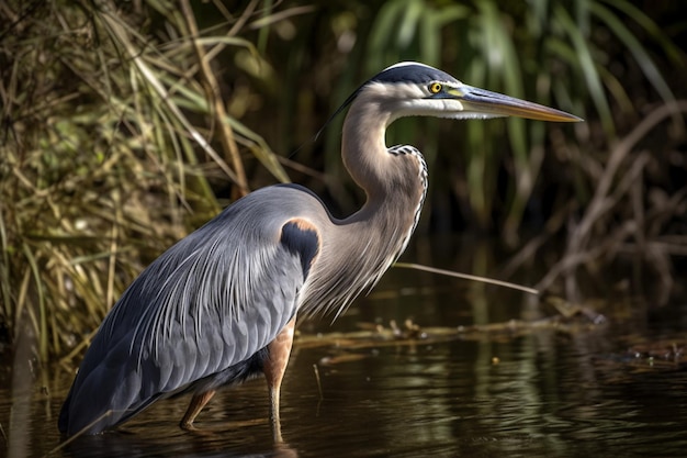 Un uccello con un lungo becco si trova in uno specchio d'acqua poco profondo.