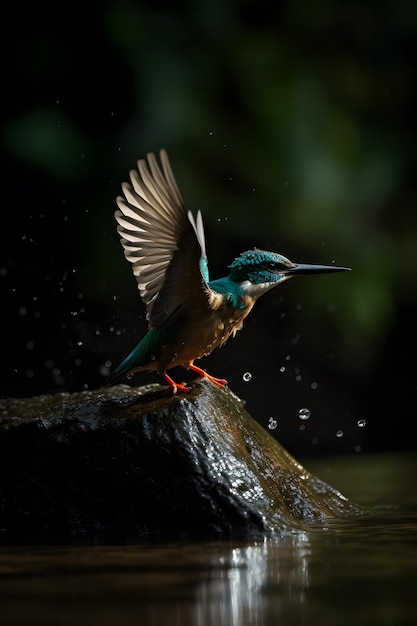 Un uccello con un martin pescatore verde sulle ali è seduto su una roccia sotto la pioggia.