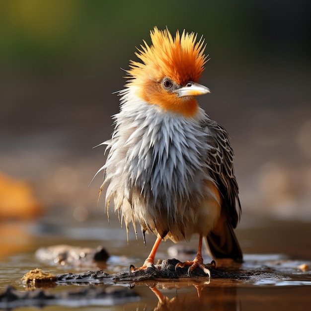 un uccello con un mohawk sulla testa si trova in una pozzanghera d'acqua