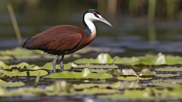 Un uccello con un occhio rosso si trova su una ninfea nell'acqua.