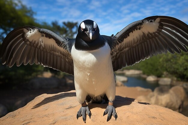 un uccello con un petto bianco e piume nere è in piedi su una roccia