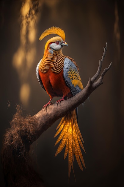 Un uccello con una corona d'oro siede su un ramo.