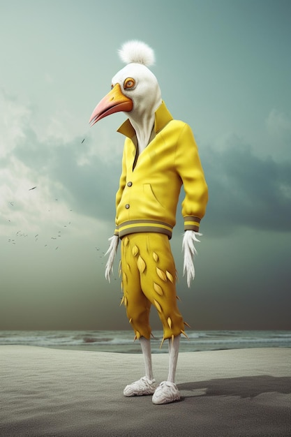 Un uccello con una giacca gialla e una felpa con cappuccio si trova su una spiaggia.