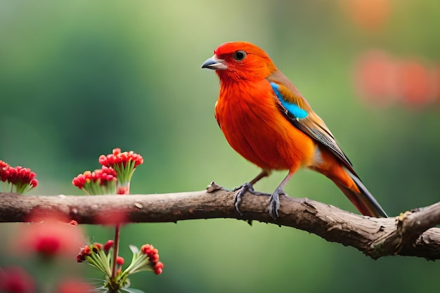 Un uccello con una testa blu e arancione e ali blu si siede su un ramo.