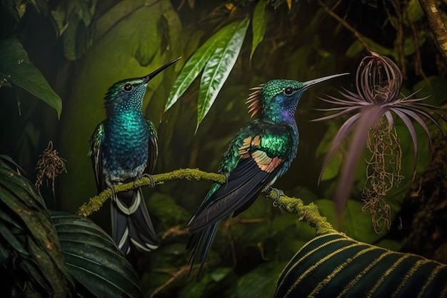 Un uccello con una testa blu e piume viola siede su un ramo in una giungla.